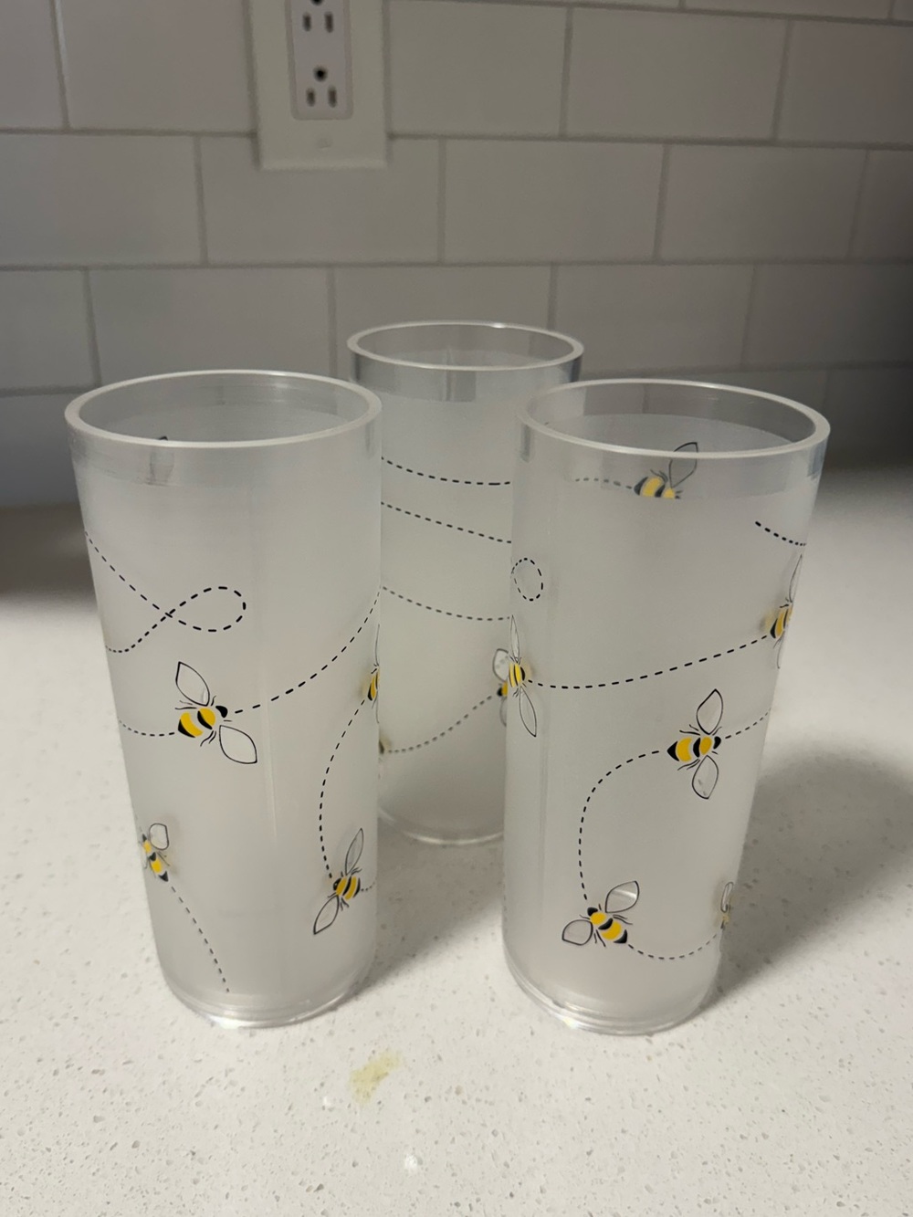 Frosted Bee-Print Tall Drinking Glasses - Set of 3